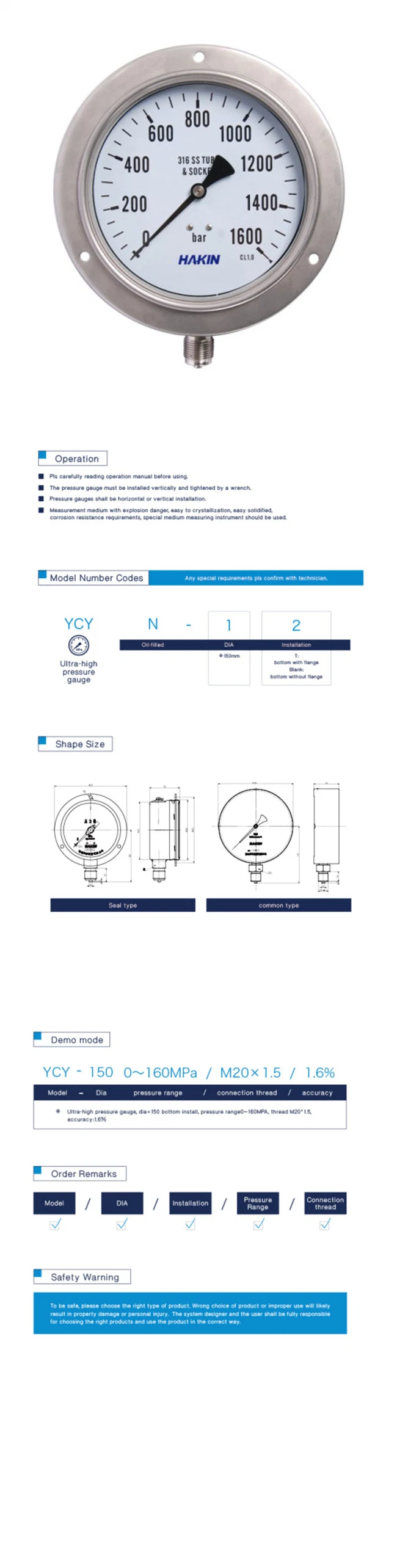 Ultra High Pressure Gauge of 60/100/150/200/250mm